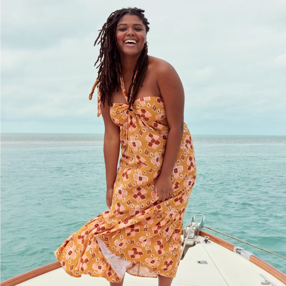 Aerie High Low Halter Maxi Sundress - M Yellow, Brown & Peach